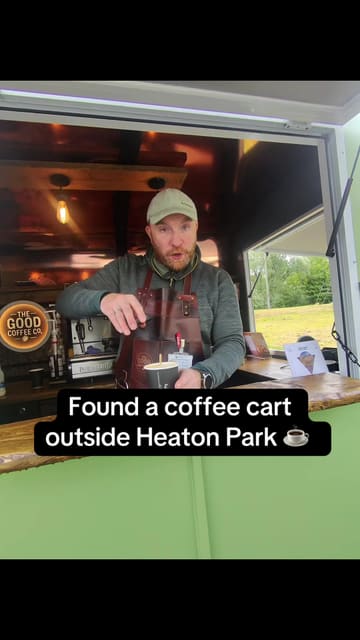 A first-person vlog documenting a visit to a mobile coffee cart located near Heaton Park. The creator interacts with the barista, discusses the menu, and highlights the friendly atmosphere and unique drink offerings, such as coffee with chocolate.