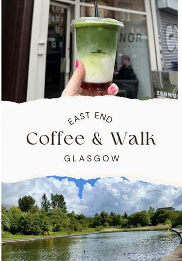 A short guide showcasing coffee shops in Glasgow's East End, specifically Zennor and Grain & Grind, paired with a walk in Alexandra Park. The video features close-ups of coffee and matcha drinks, pastries, and the park scenery.