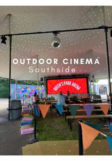 A casual vlog-style recap of an outdoor cinema event at Queen's Park in Glasgow, highlighting the family-friendly atmosphere, food options, and screening areas.