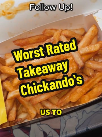 A food review video where a creator tries various items from a takeaway spot called Chickando's, including pizza, a chicken burger, fries, and wings, providing commentary on the quality and value.