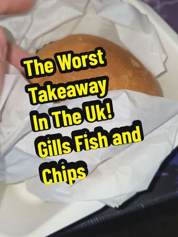 A direct-to-camera review of a takeaway meal from Gills Fish & Chips, where the creator evaluates the quality of a cheeseburger, saveloy, chips, curry sauce, mushy peas, and fish, providing individual ratings for each item.