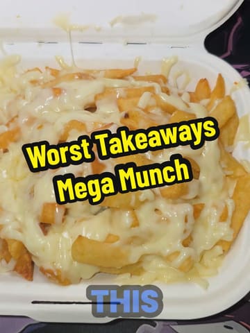 A review-style video where a creator tests and rates food items from a takeaway venue called Mega Munch, including donner meat and chips, cheesy chips, and a BBQ pizza.
