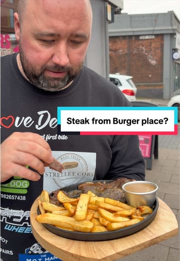 A creator reviews a steak and chips meal at Buns in Nottingham, highlighting the price point and the venue's late-night opening hours. The video features the creator walking outside and inside the venue, showcasing the food and the interior seating area.