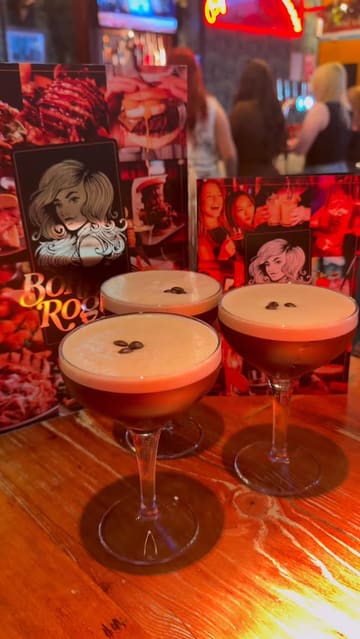 A promotional reel for a bottomless brunch at Bonnie Rogues, featuring shots of cocktails, food items like wraps and burgers, the venue's interior, live music, and sports screens.