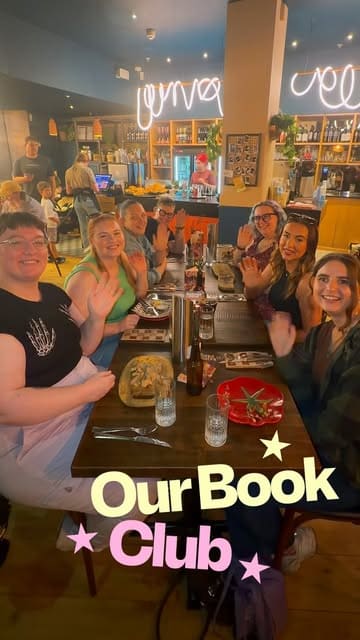 A vlog-style reel documenting a book club outing that includes a meal at Zizzi, a visit to a food festival for sweet treats, and a trip to Waterstones to select the next book.