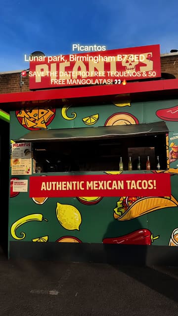 A promotional video for Picantos, a street food venue in Birmingham, showcasing their menu including birria tacos, tequeños, and mangolatas.