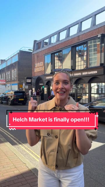 A high-energy, handheld vlog-style tour of the newly opened Helch Market in Winchester, featuring the creators exploring the various food kitchens, the 'Grow Room' cocktail bar, and sampling bao buns and slushie cocktails.