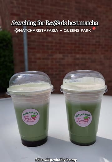 A short review video featuring two matcha drinks from a small business in Bedford. The creator showcases the drinks, specifically mentioning the cold foam and the strawberry matcha, while providing a brief, positive review of the quality.