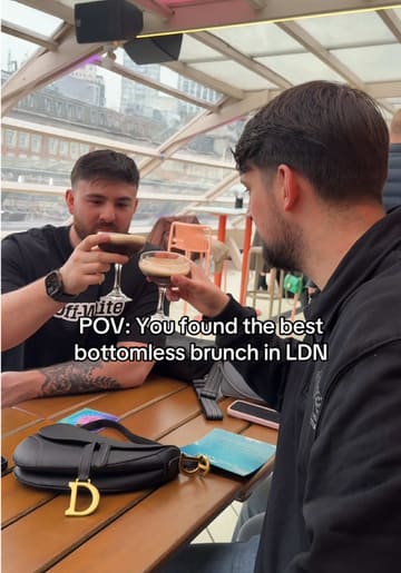 A fast-paced, energetic reel showcasing a bottomless brunch experience at a London rooftop venue. The video features a group of friends enjoying cocktails, beer, and brunch dishes like steak and eggs, set against a lively atmosphere with disco balls and music.