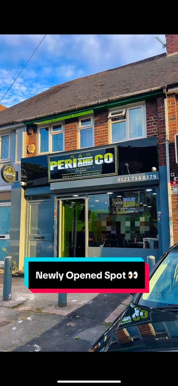 A promotional video for the opening of 'Peri and Co' in Birmingham, showcasing the interior, various peri-peri chicken dishes, and highlighting opening offers.