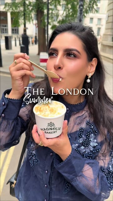 A creator visits the Magnolia Bakery pop-up at Cafe Ciel in Raffles London to try their viral banana pudding. The video features the creator tasting the dessert, showing the stall, and highlighting the queue, effectively building hype around the limited-time offering.