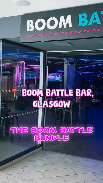 A promotional reel for Boom Battle Bar in Glasgow, showcasing the 'Boom Bundle' package which includes an hour of games, two drinks, and two small plates. The video features the group playing darts, enjoying cocktails and mocktails, and sampling various small plates like Korean BBQ cauliflower and pepperoni twists.