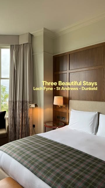 A listicle-style video showcasing three distinct accommodation and dining experiences in Scotland: Inver on Loch Fyne, Seaton House in St Andrews, and The Taybank in Dunkeld.