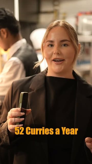 A promotional video for Rasoie restaurant's 'Curry Club' membership, featuring a creator explaining the offer of 52 curries for £99 over a year, interspersed with shots of the restaurant, staff, and cooking process.