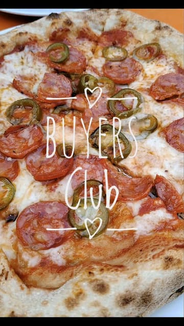 A montage showcasing the food and outdoor dining area of Buyers Club in Liverpool, featuring dishes like focaccia, confit potatoes, cacio e pepe butter beans, and pizzas.