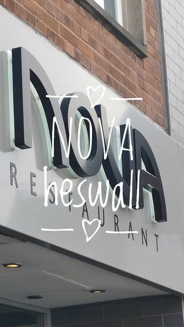 A montage of various dishes, drinks, and a brief interior shot at a restaurant called Nova on the Wirral, showcasing a multi-course meal including starters, mains, desserts, and cheese.