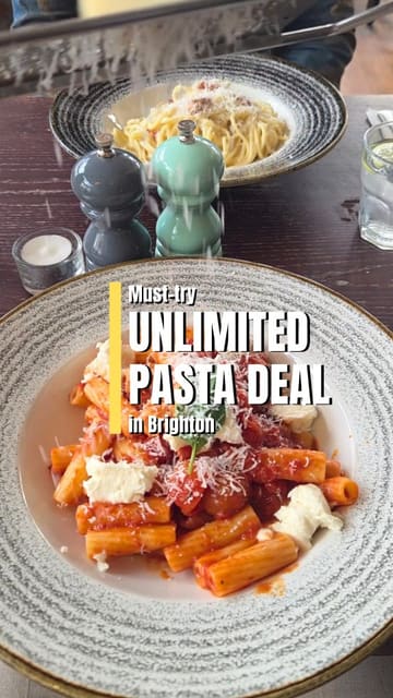 A promotional video featuring a creator visiting Bella Italia in Brighton to showcase their unlimited pasta deal. The video includes shots of various pasta dishes, dessert, and the restaurant interior, with the creator providing commentary on the value and experience.