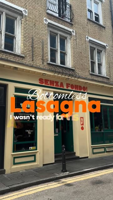 A short promotional video for Senza Fondo in London, highlighting their bottomless lasagna offer and tiramisu. The video features shots of the restaurant interior and close-ups of the food.