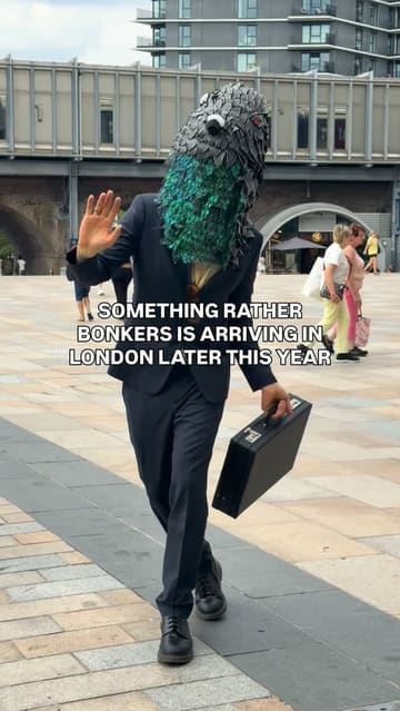 A promotional video for the 'Wake The Tiger' immersive art experience pop-up at Westfield London, featuring a character in a pigeon mask interacting with branded vehicles and a photo booth.