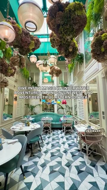 A promotional video showcasing an underwater-themed afternoon tea experience at 100 Queen's Gate Hotel in London, featuring sea-life inspired sweet and savoury treats in a botanical conservatory setting.