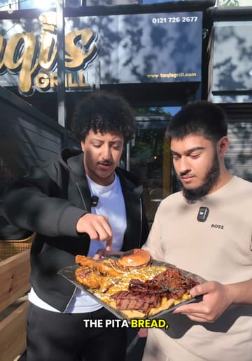 Two creators review a large food platter at Taqi's Grill in Birmingham, showcasing the peri-peri chicken, doner, smash burger, rice, and fries, while highlighting the venue's atmosphere.