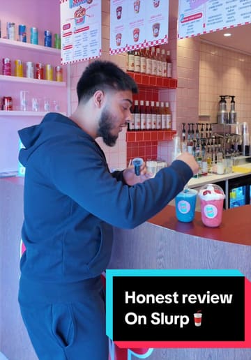 A creator visits a 'dirty soda' shop called Slurp, showcasing the vibrant interior and reviewing two of their signature drinks.