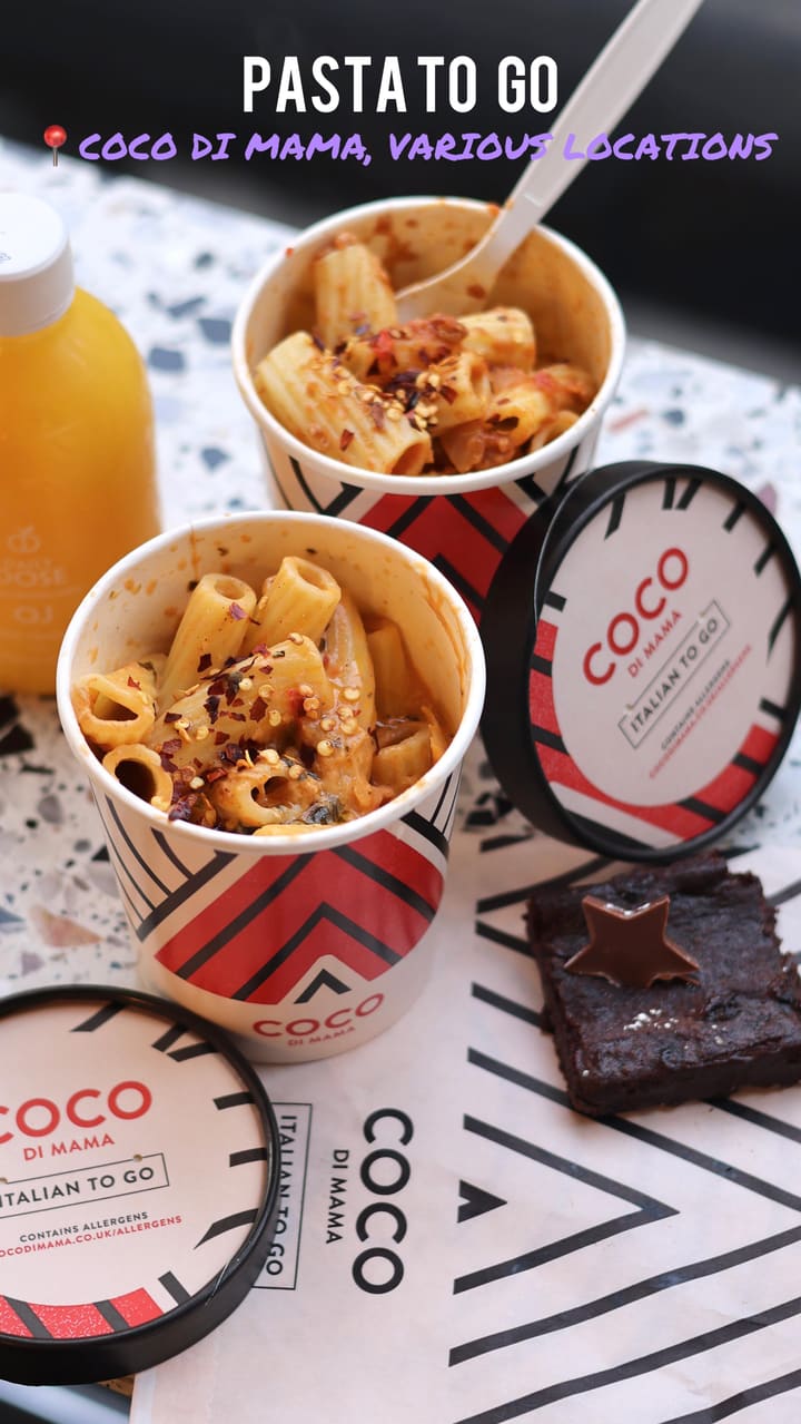 The video showcases Coco di Mama, a takeaway pasta restaurant in London. It features various pasta dishes, including Christmas specials like pork & nduja ragu and spicy chicken pasta. The food is presented in disposable cups, and close-up shots highlight the textures and colors of the pasta and sauces.  The video emphasizes the speed and convenience of the takeaway option.
