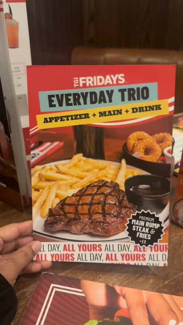 A creator reviews the 'Everyday Trio' meal deal at TGI Fridays, showcasing the starter, main, and drink options, including an upgrade to rump steak and chips, and finishing with dessert.
