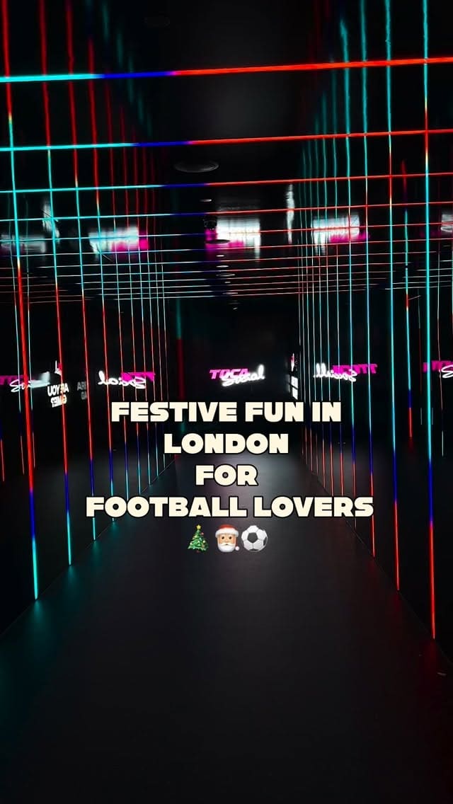 A fast-paced promotional video for TOCA Social, an interactive football entertainment venue in London. The video showcases the venue's festive offerings, featuring clips of groups playing various digital football games, the modern, neon-lit interior, and close-ups of their festive food menu. Items shown include a turkey smash burger with waffle fries, loaded nachos, cranberry & hoisin wings, and festive cocktails.