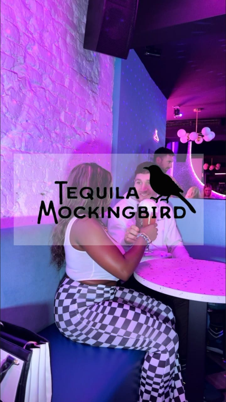 The video showcases Tequila Mockingbird, a bar in London. It highlights the bar's atmosphere, cocktails (99 Problems, Disney Princess, Jungle Mockingbird, Mockingbird Zombie), karaoke facilities, and photo booth.  The cocktails are presented in various glasses, with creative garnishes like cotton candy. No dietary information is explicitly provided.
