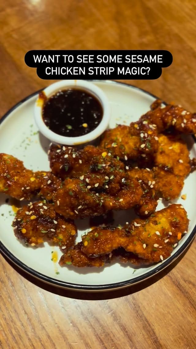 A fast-paced promotional video for TGI Fridays featuring their bottomless sesame chicken strips offer. The video uses quick cuts, text overlays, and energetic music to highlight the food, cocktails, and the restaurant's interior and exterior, aiming to drive foot traffic.