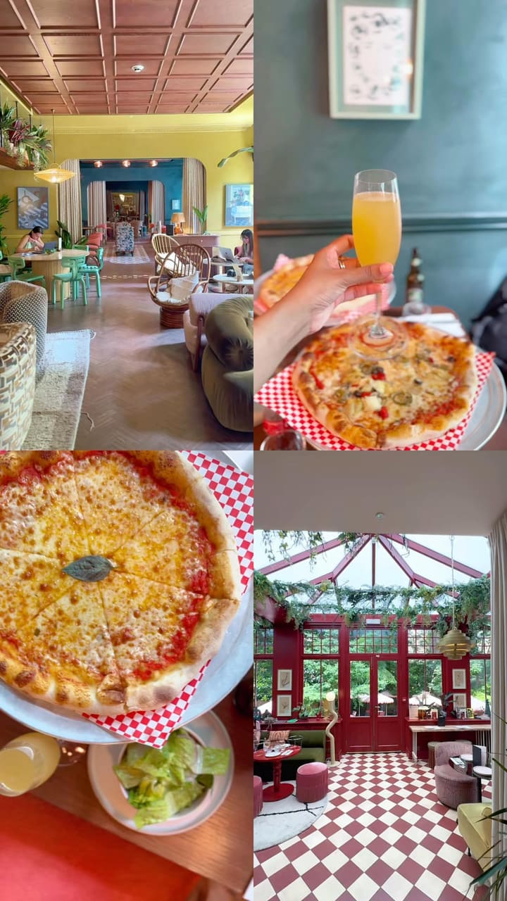 A short, split-screen video showcasing a restaurant called EVE X Proper Slice. The video is divided into four quadrants, displaying different views of the restaurant's stylish and colorful interior, including a conservatory-style room with red and white checkered flooring. It also features close-up shots of two different pizzas, one of which appears to be a margherita, and a hand holding a yellow cocktail in a wine glass.