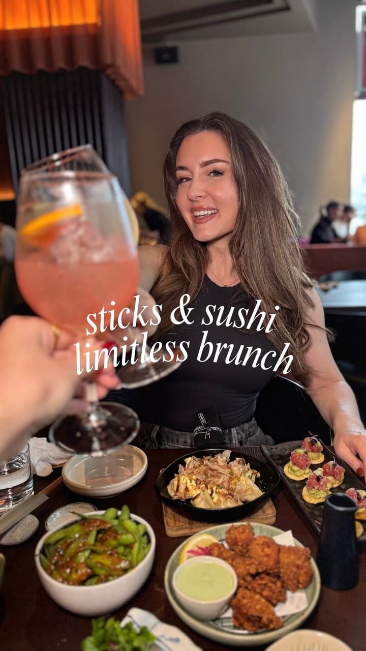 A fast-paced, engaging review of a bottomless brunch at Sticks'n'Sushi. The creator highlights the quality of the food, the variety of dishes including sushi, skewers, and starters, and the inclusion of unlimited drinks. The video effectively demonstrates the value proposition of the £70 price point through clear visuals of the spread and the dining experience.