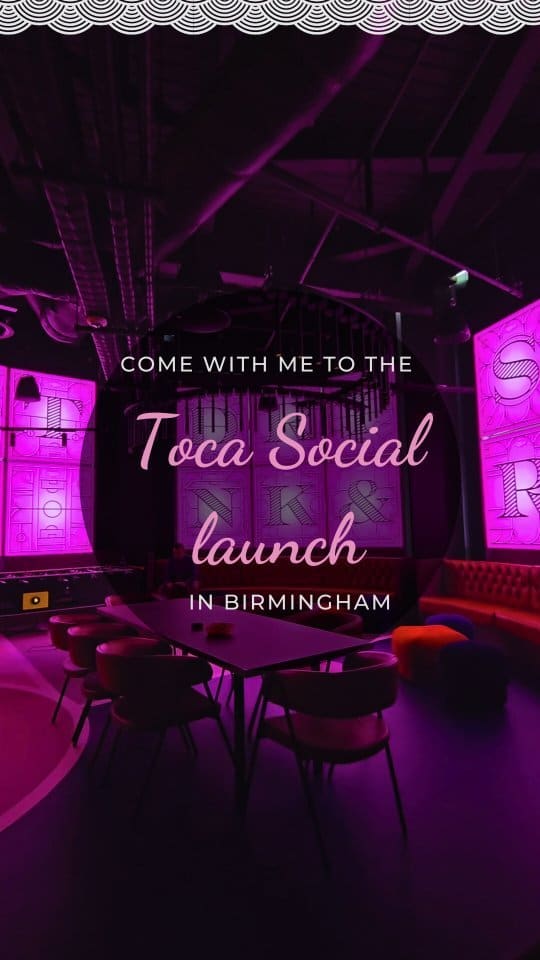 The video showcases the Toca Social launch party in Birmingham.  The setting is a large, modern bar with various entertainment options including table football, a karaoke booth, and a photo booth. Food and drinks are shown, though specific items aren't clearly identified. Drinks include cocktails and possibly beer. Food appears to include finger foods and appetizers. The presentation focuses on the overall atmosphere and activities, rather than detailed food shots. No dietary information is explicitly provided. The main focus is on the venue and the experience of the launch party, highlighting the ambiance, activities, and friendly atmosphere.