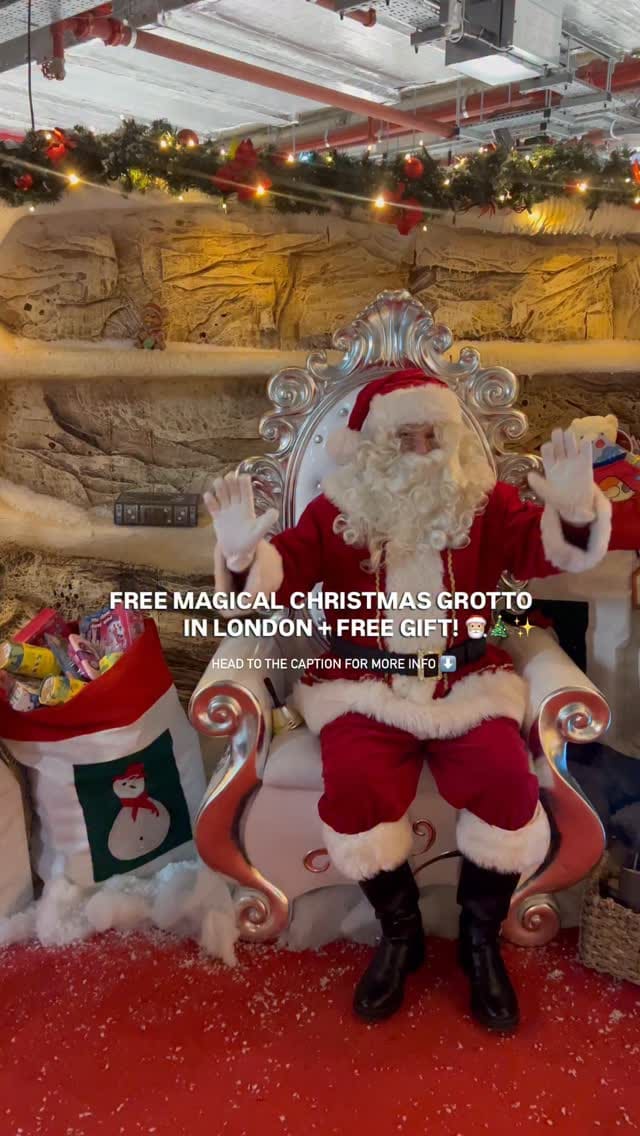 A short promotional video for a free Santa's Grotto event at The Sidings, Waterloo. The video features several clips of Santa Claus waving from his throne, a large decorative snowman, an elf with presents, and children meeting Santa, all set to festive Christmas music.