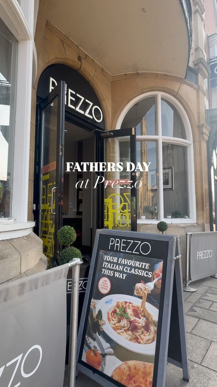 The video showcases a Father's Day visit to a Prezzo restaurant. It begins with an exterior shot and text overlay, then moves to the outdoor seating area. The video features various Italian dishes and drinks, including king prawns, bruschetta, lobster ravioli, Tuscan beef, pizza, wine, and beer. It highlights a Father's Day promotion involving bottomless beers for telling a joke. Shots include food close-ups, drinks, and people enjoying the meal and interacting with staff.