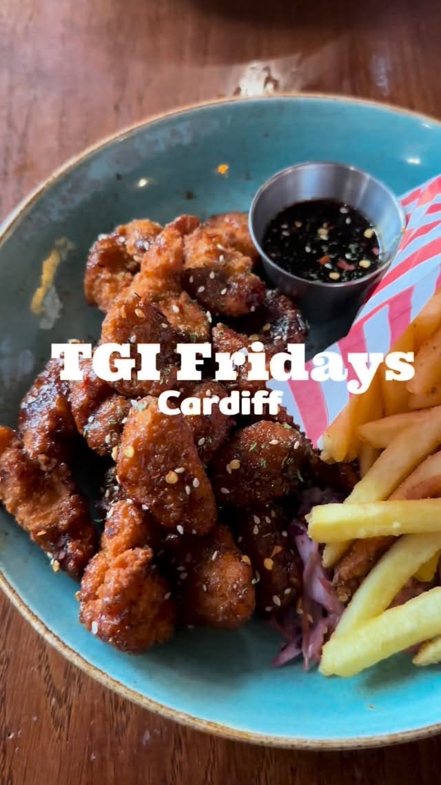 A promotional video featuring a visit to TGI Fridays in Cardiff to highlight their limited-time bottomless sesame chicken deal. The creator walks through the venue, shows the menu, and enjoys the food and drinks.