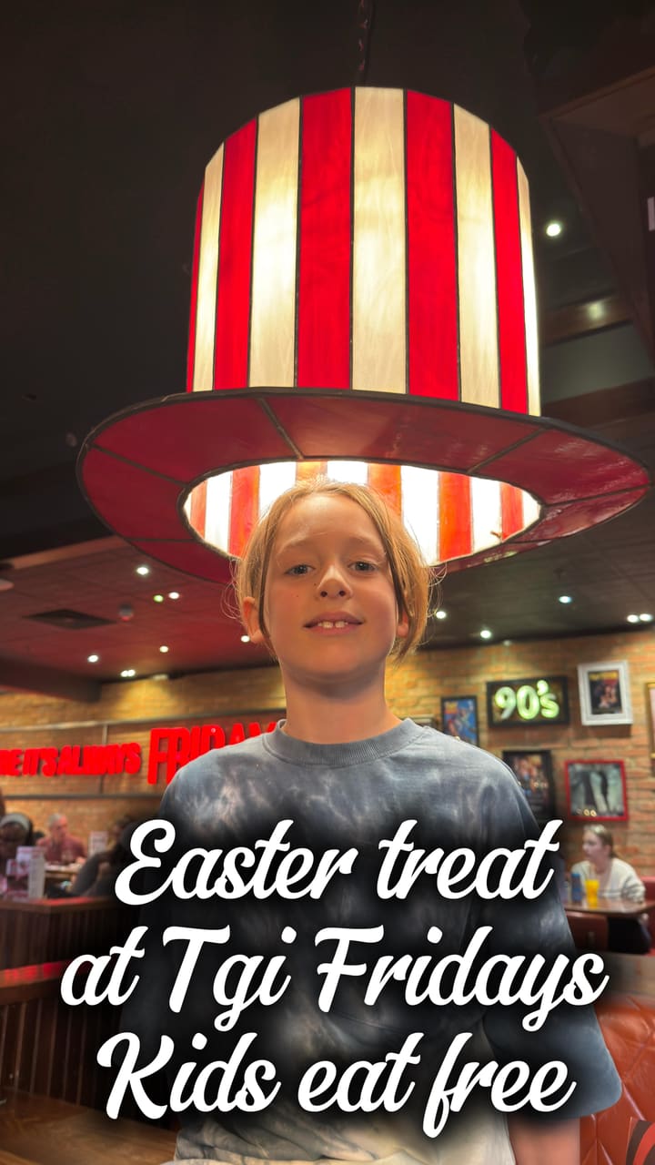 A promotional video for TGI Fridays showcasing the 'Kids Eat Free' offer. The video features children enjoying the restaurant, including shots of the food, coloring activities, and balloon animals, while explaining how to redeem the offer via the app.