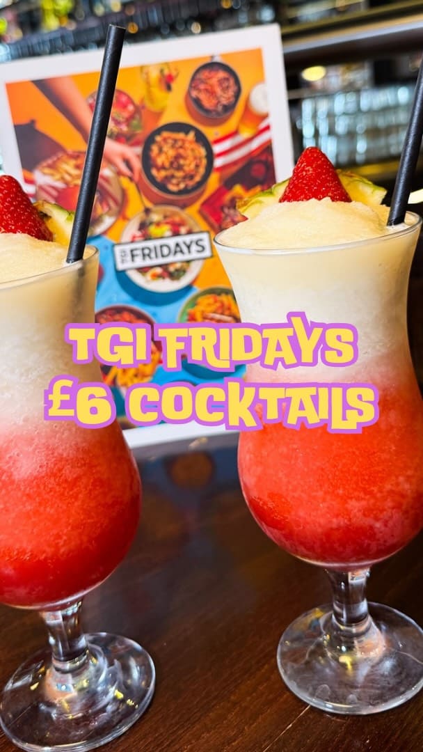 The video documents a visit to a TGI Fridays restaurant in Braintree. It showcases their new limited-time frozen cocktails, including the Miami Vice (a blend of strawberry daiquiri and pina colada), Raspberry Pina Colada, and Passionfruit Pina Colada. The video also highlights their bottomless appetizers deal, featuring dishes like Garlic & Chilli King Prawns, Mozzarella Dippers with a prominent cheese pull, BBQ Riblets, Sesame Chicken Strips, and loaded Nachos. The overall focus is on promoting the value of the cocktail and appetizer deals in a fun, casual dining setting.