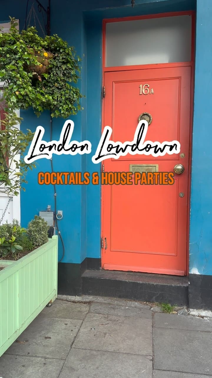 The video showcases The Little Orange Door, a bar in Clapham, London.  It highlights the bar's vibrant decor, movie-themed cocktails (Crimes of Passion, How to Lose a Guy in 10 Days, Mad Men), and food items including mushroom arancini, fries, and pizzas (margarita and "What the Duck"). The food presentation is casual but visually appealing, with pizzas served on wooden boards. No dietary information is explicitly provided.
