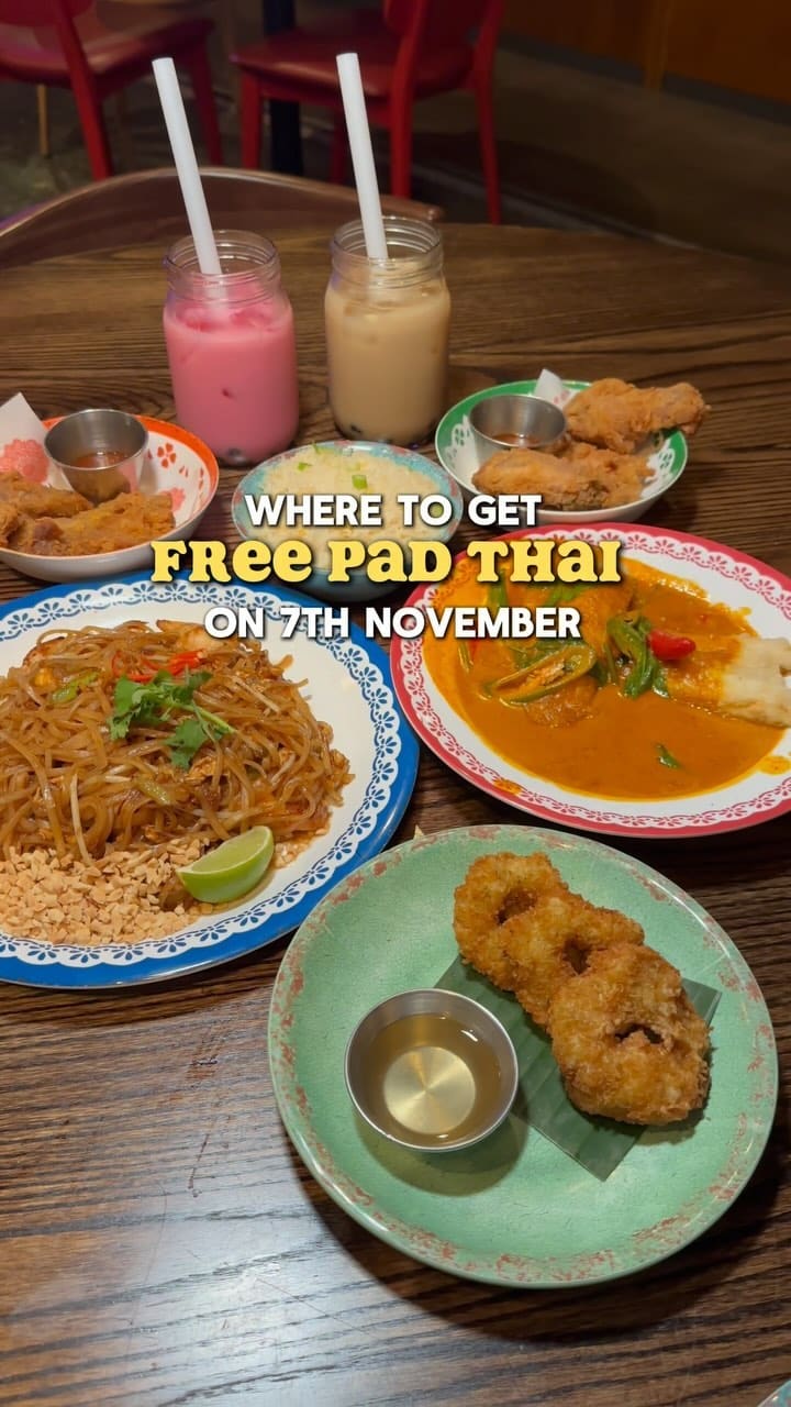 The video showcases Rosa's Thai restaurant in Westfield London. It features various Thai dishes including Pad Thai, fried chicken, Massaman curry, fried squid, mango sticky rice, and spring rolls. The food is presented appetizingly, with close-ups highlighting textures and colors. The video promotes a special offer for National Pad Thai Day: a free Pad Thai if customers don't find it the best they've ever had, and a postcard voucher for a free Pad Thai for a friend if they do. The main focus is on the food and the promotional offer.