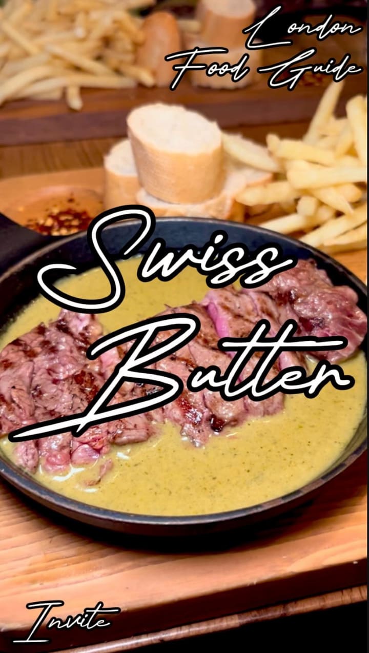 This video showcases Swiss Butter, a London restaurant. It features a rib-eye steak dish with a creamy secret sauce, served with chips, salad, and baguette. The video highlights the £20 price point and shows the influencer enjoying the meal.  Chicken and salmon are also mentioned as options.