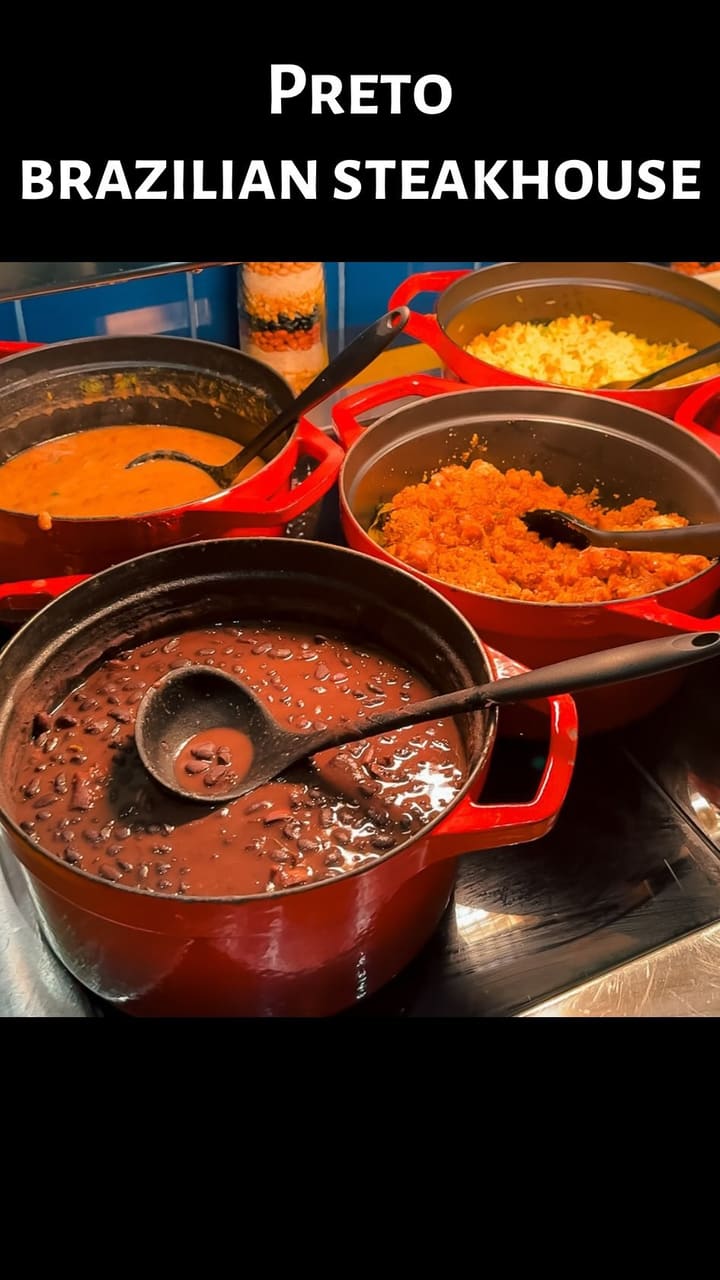 The video showcases Preto Restaurant, a Brazilian steakhouse in London.  It features a tour of the restaurant's salad bar, offering various options such as rice, beans, salads, and fried items. The main focus is on the Churrasco-style grilled meats, showing various cuts of beef and sausages being carved tableside.  The video also includes footage of cocktails and a dessert (cheesecake). No specific dietary information is provided.