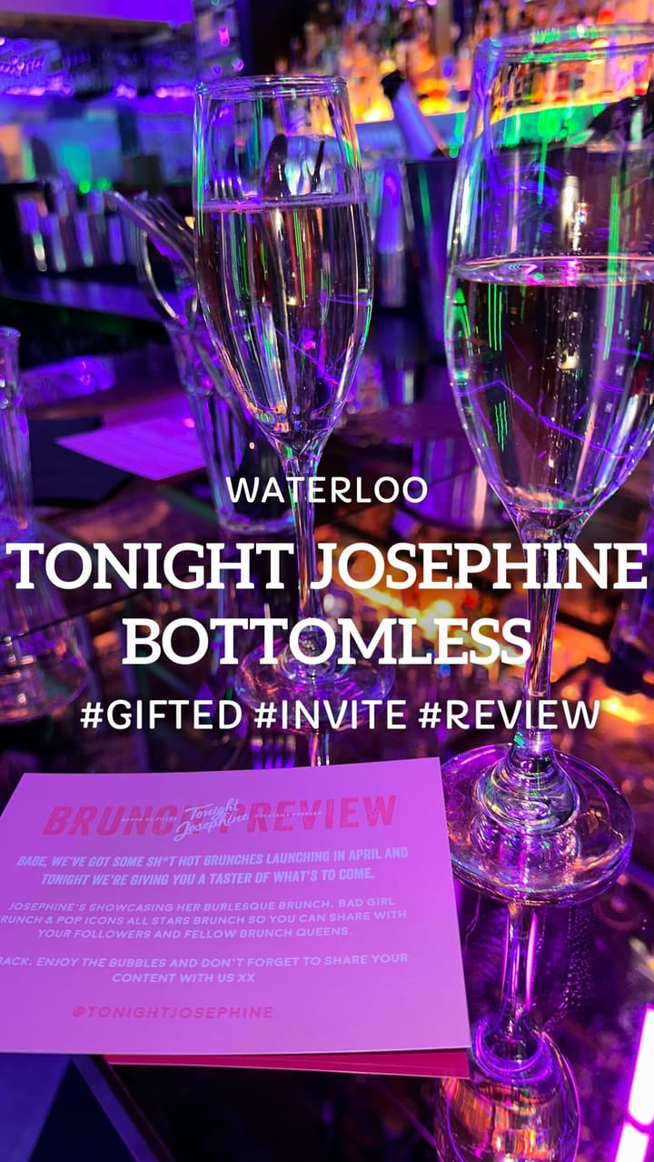 The video showcases a preview event for Tonight Josephine's new bottomless brunches. The setting is a stylish bar with a vibrant, purple and green color scheme and a black and white checkered floor.  Food items include pulled pork burgers, buttermilk chicken burgers, loaded nachos, and waffles. Drinks featured are bottomless Prosecco and cocktails, one being a zombie served in a pelican cup.  The presentation is visually appealing with good lighting, focusing on the food and drinks.  No dietary information is explicitly provided. The main focus is the entertainment aspects of the event with drag queen and burlesque performances.