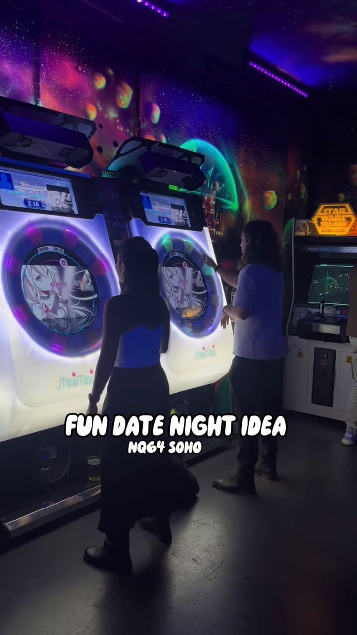 The video showcases NQ64, a retro arcade bar in Soho. It features various cocktails (including those with layered colours and unique decorations), and patrons playing various arcade games.  The setting is dimly lit with neon accents and space-themed murals. The video focuses on the fun, vibrant atmosphere and the combination of drinks and gaming.
