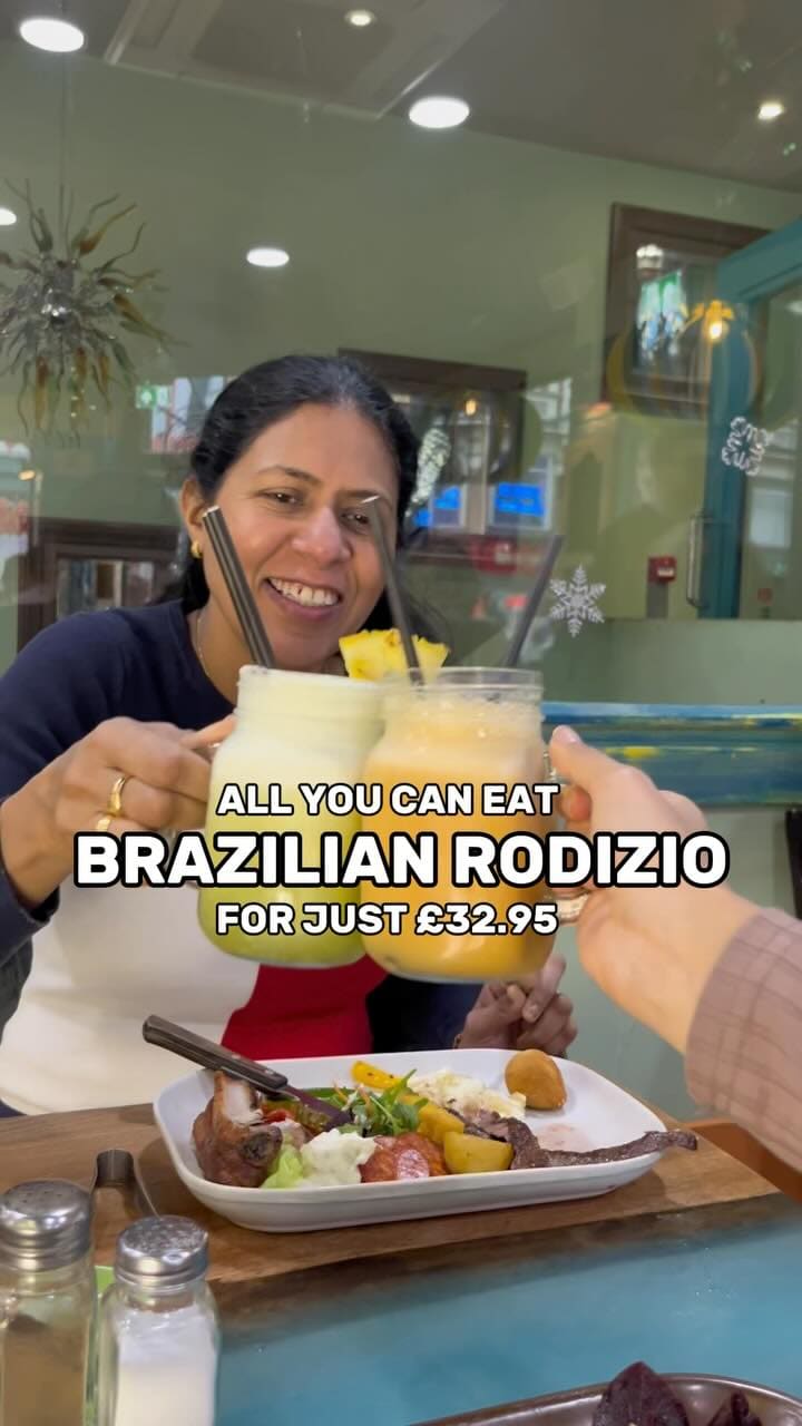 The video showcases Preto Restaurant, a Brazilian Rodizio restaurant in London. It features a buffet with various salads, sides, and fried items like coxinha and fried bananas. The main focus is the all-you-can-eat rodizio, with various cuts of meat being carved tableside. Refreshing juices and desserts (passionfruit cake and dulce de leche cake) are also presented.