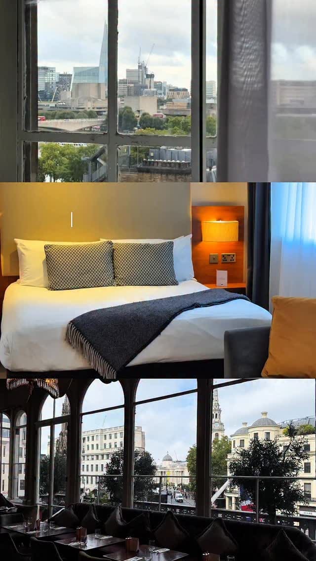 A promotional video for The Clermont Hotel at Charing Cross, London. The video showcases various aspects of the hotel, including a room with a view of the London skyline, the bedroom interior, a minibar, the bathroom, and the grand lobby. It also features the hotel's bar and restaurant, highlighting the elegant decor and views. A full English breakfast is shown. The creator is featured throughout, enjoying the hotel's amenities.