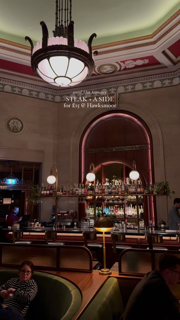 The video showcases a January promotional offer at Hawksmoor restaurant in Liverpool, featuring a £15 steak and a side dish.  It shows various food items such as steak, chips, sticky toffee pudding, and drinks. The presentation is well-lit and appealing, highlighting the quality of food and restaurant ambiance.  No specific dietary information is explicitly mentioned.