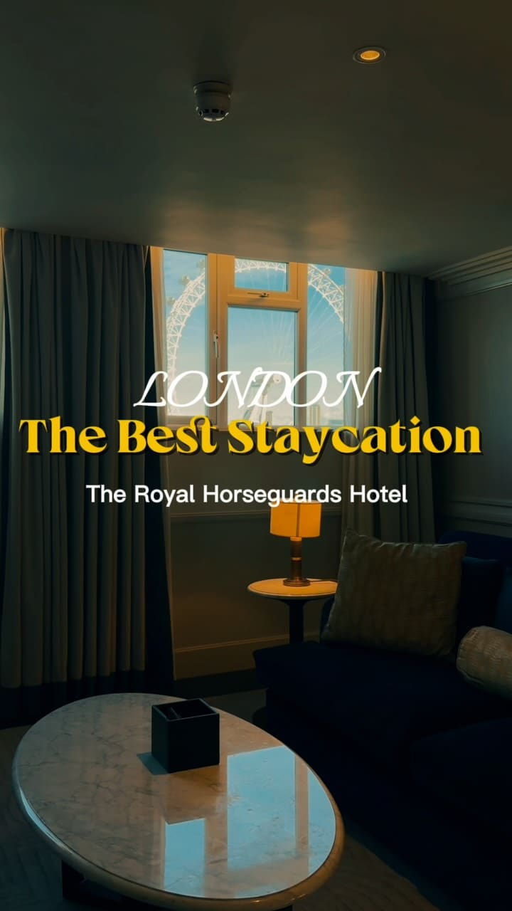 A montage showcasing a luxury stay at The Royal Horseguards Hotel in London, featuring the hotel's elegant interiors, the Waterloo Suite, the outdoor terrace dining experience, and views of the London Eye.