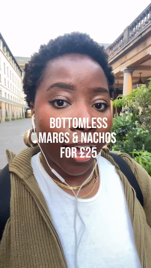 Video showcasing a bottomless margaritas and nachos deal at Maxwell's Covent Garden. Features shots of various margaritas including Mexican Sunrise, Cucumber & Mint Paloma, Watermelon Margarita, Caramelised Pineapple Margarita, Spicy Cucumber Margarita, Spiced Cherry Margarita, Aperol Margarita, and Coconut Margarita. Also shows plates of nachos and tacos (steak and chicken). The influencer provides taste feedback on the food and drinks and gives an overall rating of the experience.